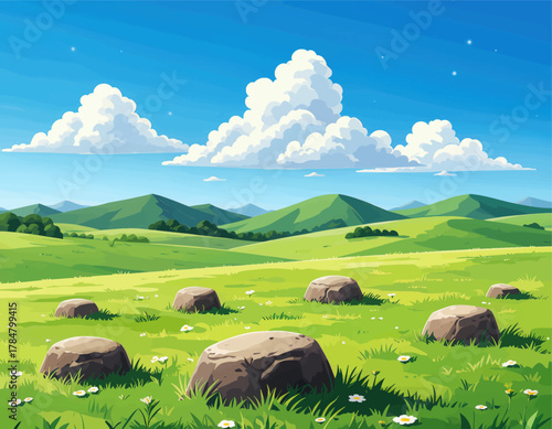 Peaceful meadow with scattered boulders under fluffy clouds