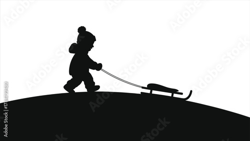 Silhouette of a child pulling a sled up a snowy hill. Vector illustration of a kid in winter clothes playing in the snow. Black and white icon for winter fun and childhood recreation.
