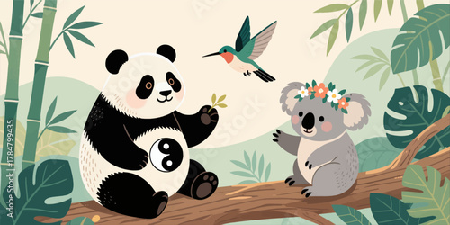 Panda And Koala Sharing Bamboo With Hummingbird In Jungle