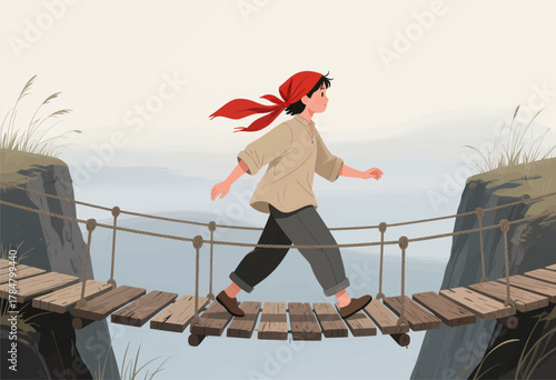 Person crossing rope bridge with red headscarf