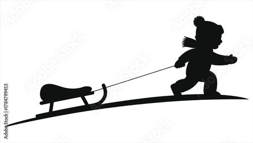 Winter vector silhouette of small child pulling sled uphill on snowy slope, cute kid playing outdoors in cold weather, minimalist black and white illustration showing winter fun, seasonal family 