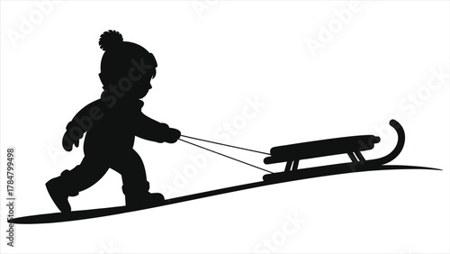 Silhouette of a child pulling a sled up a snowy hill. Vector illustration of a kid in winter clothes playing in the snow. Black and white icon for winter fun and childhood recreation.
