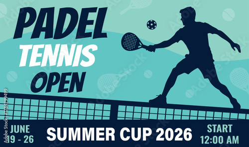 Vector illustration of a dark silhouette of a man playing padel tennis. Padel Tennis Championship, summer cup with date, time in light blue. For banners, advertising, sports club branding, posters