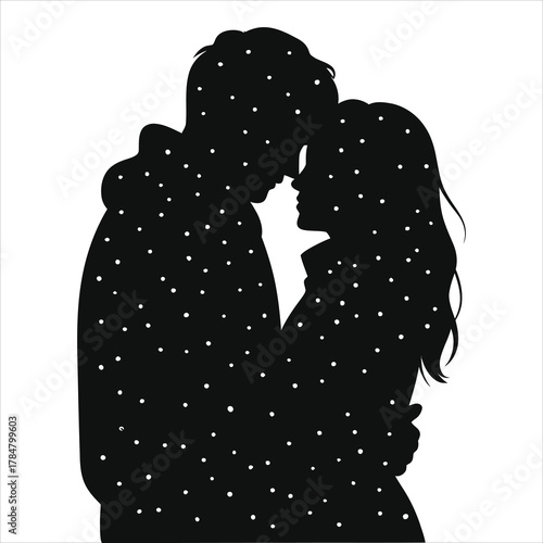 Romantic couple silhouette kissing and embracing under winter snowfall – minimalist black vector illustration for Valentine’s Day, Christmas love cards, wedding invitations, cold-weather romance icons