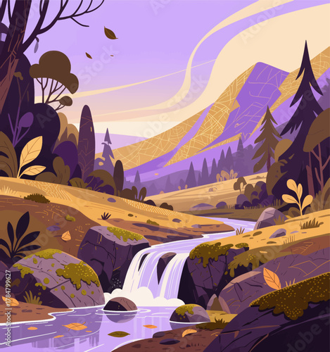 Purple waterfall cascading through autumn forest