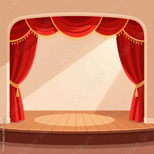 Red Curtains Frame Empty Stage Under Spotlight