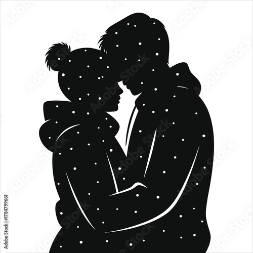 Silhouette of couple hugging and kissing in falling winter snow, black vector illustration for romantic Christmas cards, Valentine’s Day backgrounds, wedding invitations, cold-weather love design