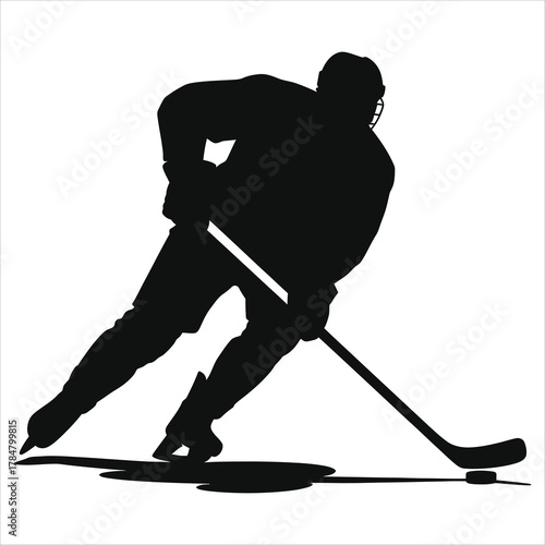 Dynamic Ice Hockey Player Silhouette Vector. Action Shot of Skater with Stick & Puck. Winter Sport Graphic, Black & White Athlete Illustration for Game & Competition