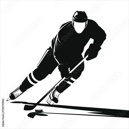 Silhouette Vector of Ice Hockey Player in Action with Stick and Puck, Winter Sports Illustration of Athlete Skating on Ice Rink Isolated on White Background for Cold Season Design Elements
