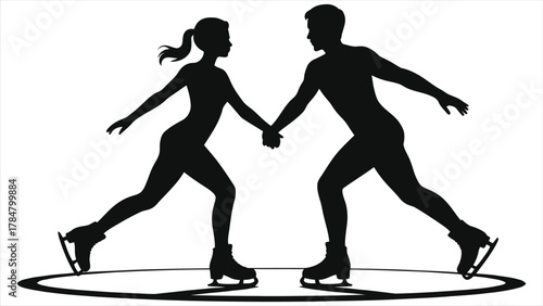 Silhouette Vector of Couple Ice Skating on Frozen Rink, Winter Sports Illustration of Man and Woman Holding Hands in Elegant Ice Dance Pose, Isolated on White Background Seasonal Design Element