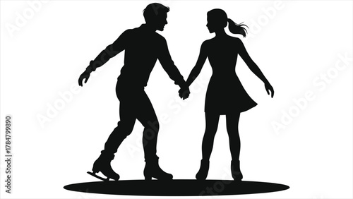 Romantic Ice Skating Couple Silhouette Vector. Man & Woman Hand in Hand on Ice. Winter Sport Illustration, Figure Skaters Graphic, Black & White Activity