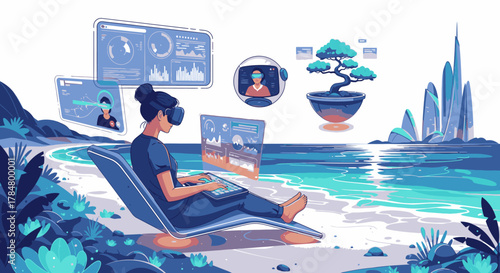 A woman on a beach wearing a VR headset, interacting with virtual screens and data in a futuristic metaverse setting.