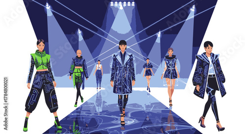 Models in futuristic, high-tech outfits walk down a brightly lit runway during a fashion show.
