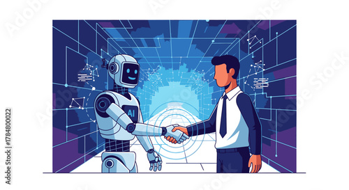 A robot and a businessman shaking hands in a futuristic digital environment, symbolizing AI and human collaboration.