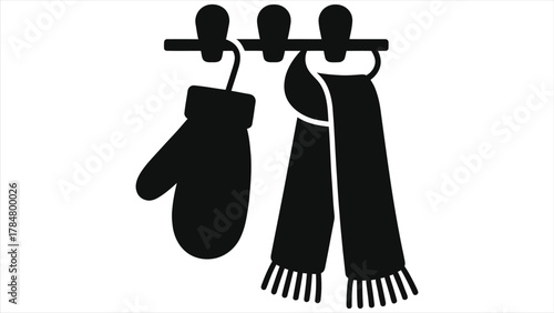 Winter Clothing Icon: Black Silhouette Vector of Mitten and Scarf Hanging on Hooks. Ideal for Cold Weather Season Graphics, Warm Accessories, and Winter Fashion Designs.