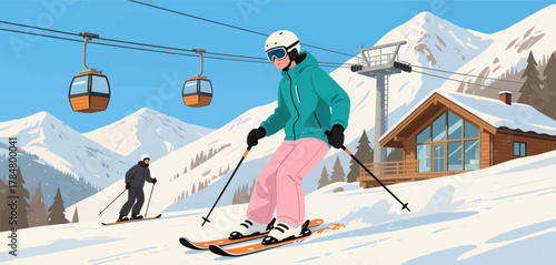 Skier Gliding Down Snowy Slope Near Mountain Lodge