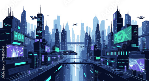 Futuristic cityscape with tall buildings, flying vehicles, and digital displays, rendered in blue hues.