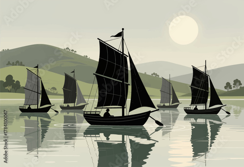 Silhouetted Sailboats Gliding on Calm Waters at Dusk