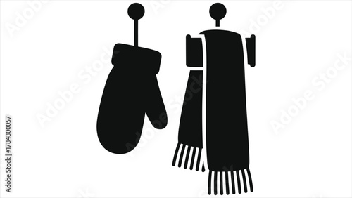 Winter Accessories Icon: Black Mitten and Scarf on Coat Rack - Minimalist Vector Graphic for Cold Season, Frosty Weather Gear, and Warm Apparel