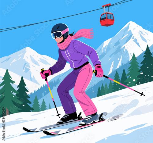 Skier in Purple and Pink Gear Descending Snowy Slope