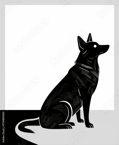Sitting Dog Silhouette with Textured Black-and-White Illustration