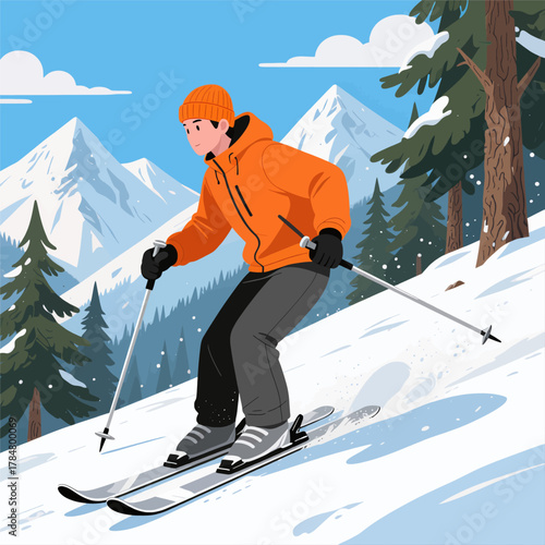 Skier in Orange Jacket Descending Snowy Slope