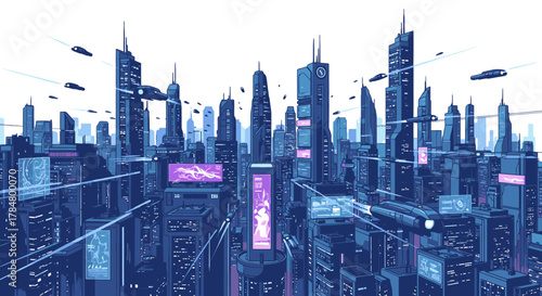 Futuristic cityscape with flying vehicles and towering skyscrapers.