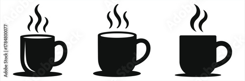 Hot Coffee Mugs Steaming Vector Illustration: Cozy Winter Drinks, Black Silhouette Clip Art for Café, Restaurant, or Holiday Designs - Perfect for Websites, Logos, and Print Media