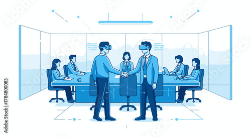 Businessmen in virtual reality headsets shaking hands during a futuristic corporate meeting in the metaverse.