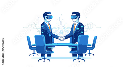 Two businessmen in VR headsets shaking hands across a conference table, symbolizing virtual business collaboration and digital transformation.