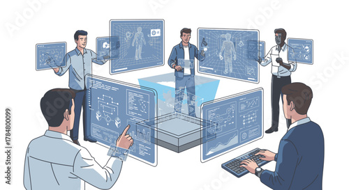 Group of professionals collaborating with advanced holographic technology and data visualization.