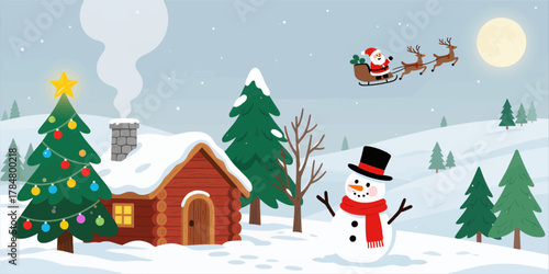 Snowman near cozy cabin under winter moonlight