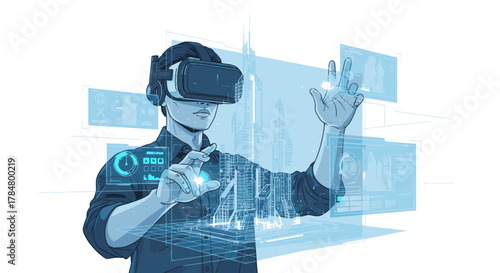 A person wearing a virtual reality headset interacts with holographic interfaces in a futuristic digital environment.