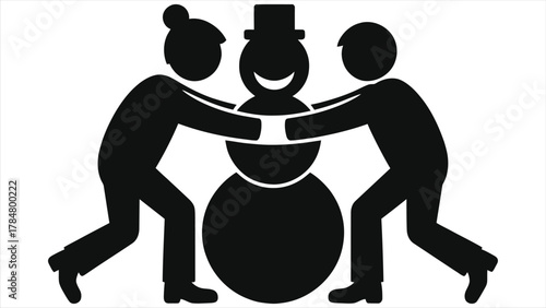 Happy kids building a snowman silhouette. Vector icon of children playing in winter. Fun family activity illustration for Christmas and holidays.