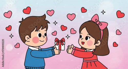 Cute cartoon-style illustration of a boy and girl exchanging a small wrapped gift with a red bow. Both characters have sweet, expressive faces and blush cheeks.