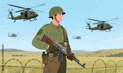 Soldier with rifle standing near barbed wire fence