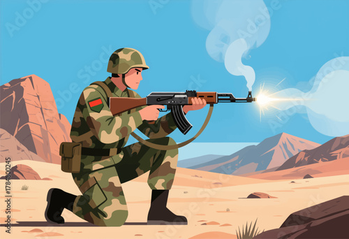 Soldier Firing Assault Rifle in Desert Combat Stance