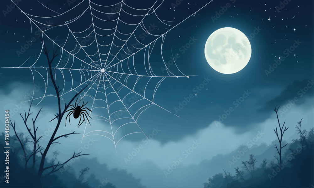 Naklejka premium Spider on web under glowing moonlit night sky