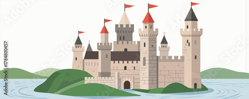 Stylish Castle with Red Flags on Water Island