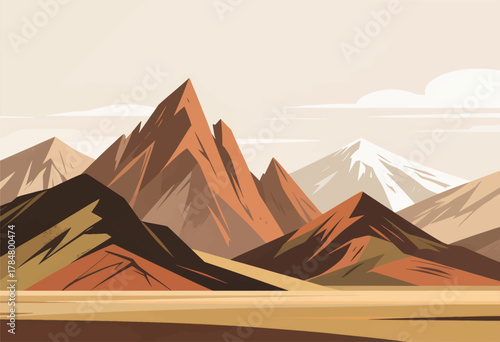 Stylized Mountain Range with Snow-Capped Peaks in Warm Earth Tones
