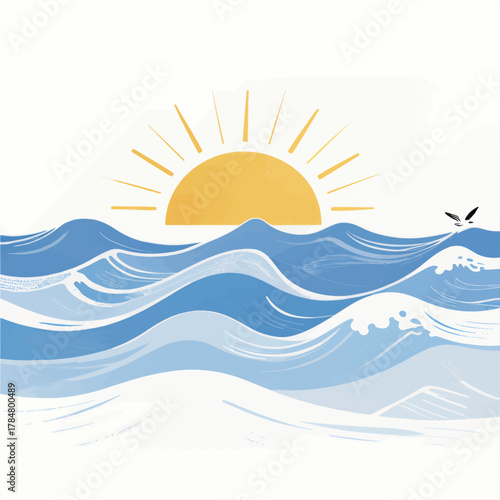 Sunrise Over Ocean Waves With Seagull Flying