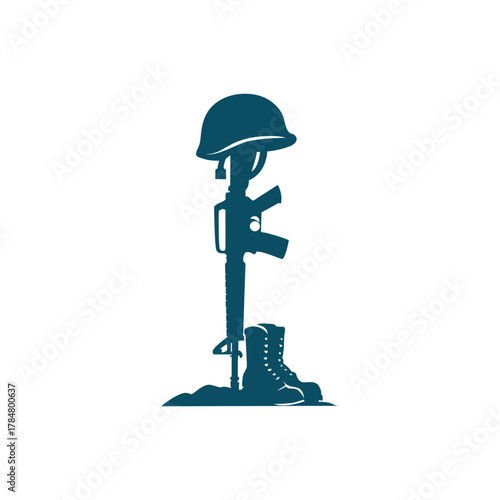 Fallen soldier memorial illustration. Rifle, helmet, and boots memorial silhouette, solemn tribute and remembrance icon.