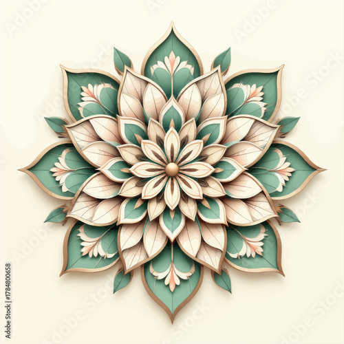 Symmetrical Floral Mandala with Layered Petals in Soft Green and Cream Tones