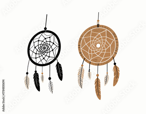 Two Dreamcatchers with Feathers in Black and Earth Tones