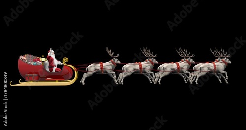 Santa Claus riding sleigh pulled by eight reindeer with gifts on transparent background, Christmas Eve delivery, holiday magic, and celebration. 3d rendering animation. Alpha channel.