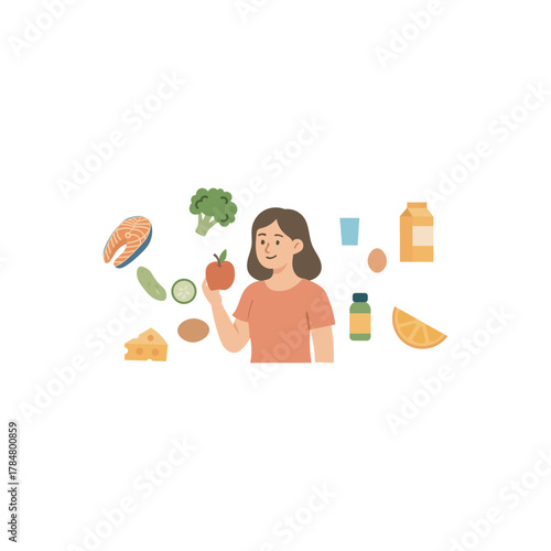 Balance Nutrition illustration. Woman surrounded by fruits and veggies, perfect for wellness, diet, and healthy living.