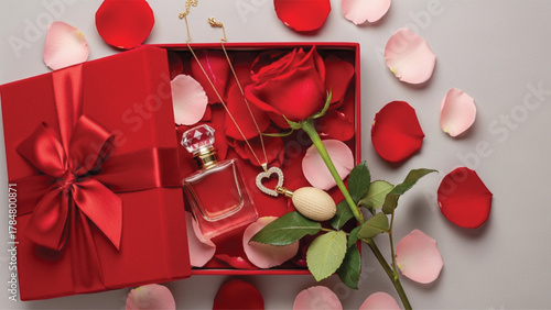 A luxurious romantic gift set displayed on a bed of red Rose petals. The open red gift box with a decorative bow contains an elegant perfume bottle and matching silver jewelry i