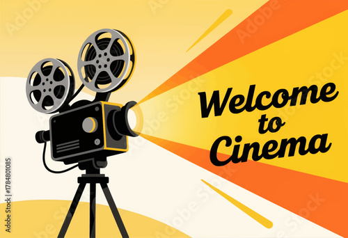 Vintage Film Projector Casting Light Welcome Cinema Sign