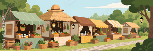 Vibrant Outdoor Farmers Market Stalls with Fresh Produce Display