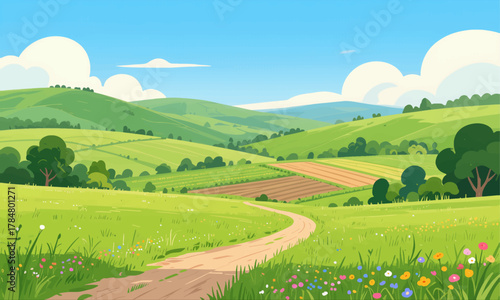 Winding dirt path through vibrant green meadows with colorful wildflowers under bright blue sky